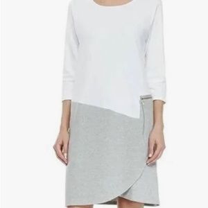 Joan Vass color block gray and white cotton dress with zipper detail